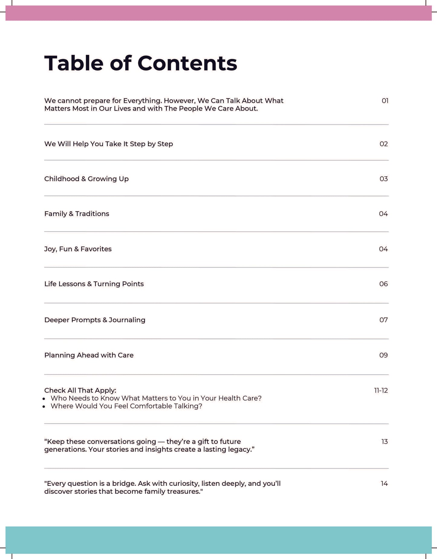 Table of contents from the Conversation Starter Workbook, outlining guided prompts and sections for family storytelling and legacy building.