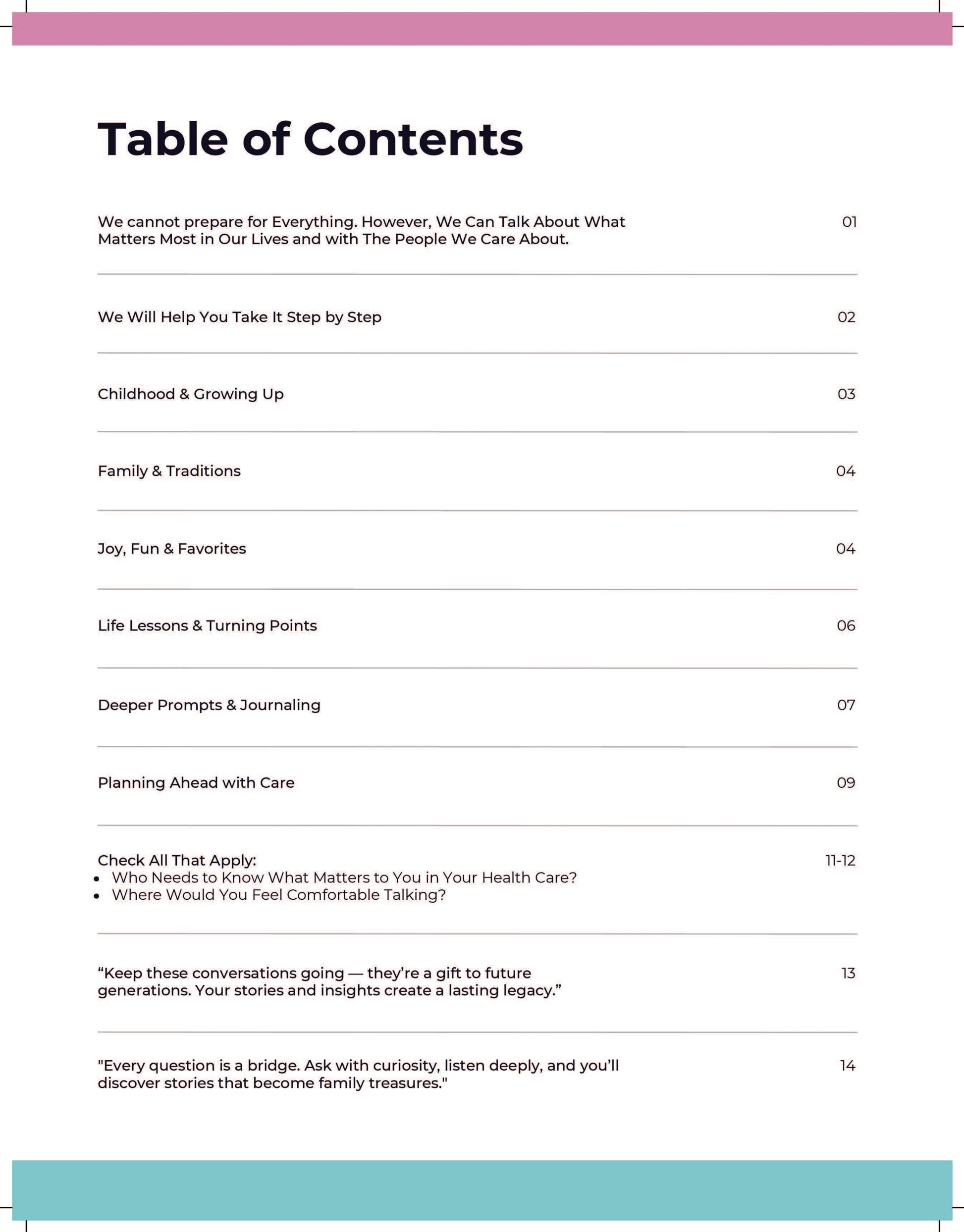 Table of contents from the Conversation Starter Workbook, outlining guided prompts and sections for family storytelling and legacy building.