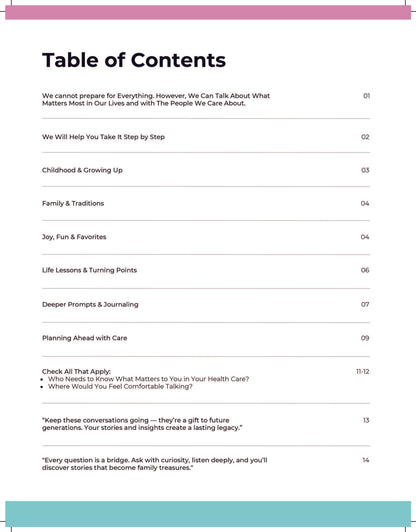 Table of contents from the Conversation Starter Workbook, outlining guided prompts and sections for family storytelling and legacy building.