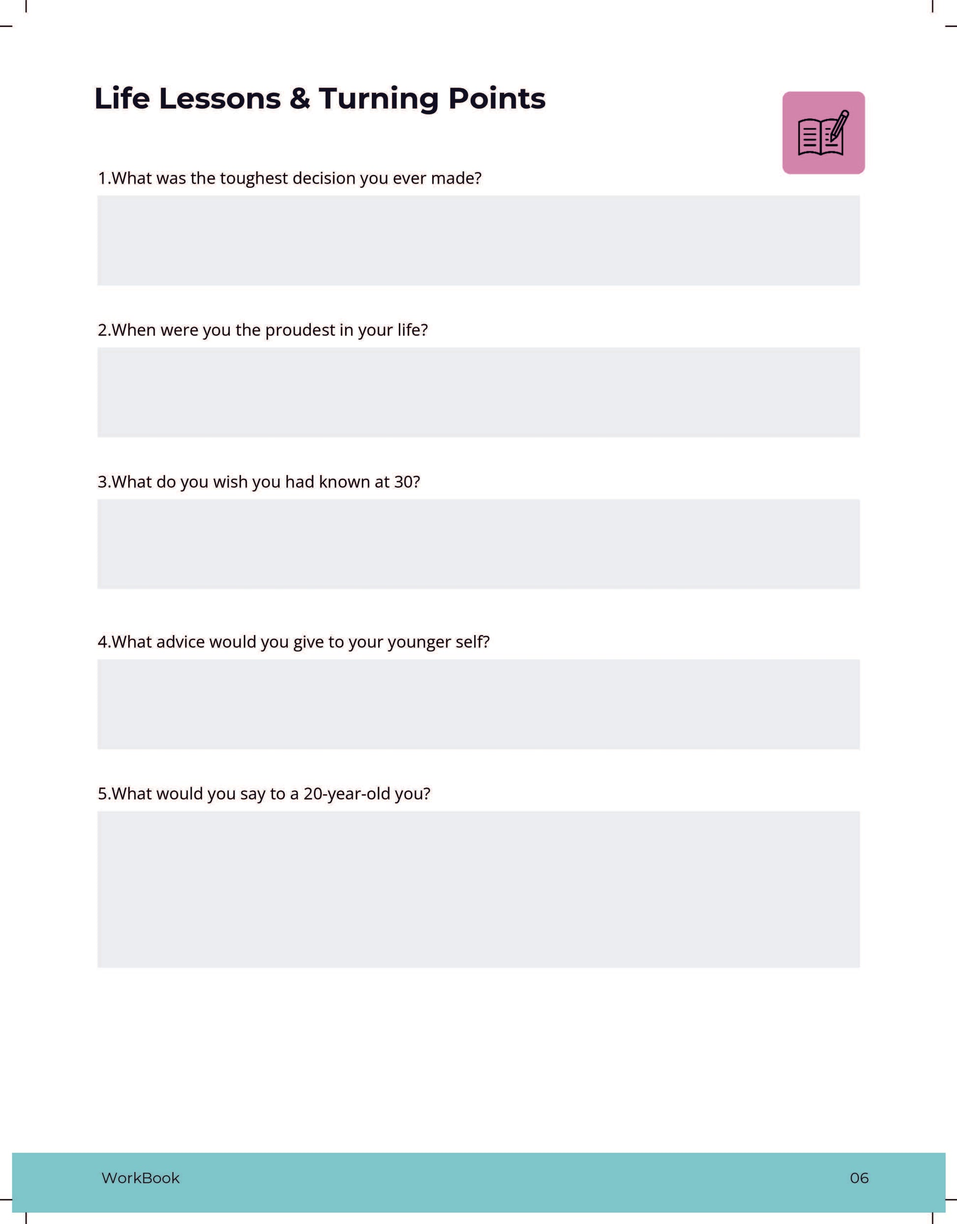 Sample page from the Conversation Starter Workbook – “Turning Points” prompts to reflect on key life events and share personal stories.