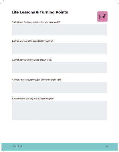 Sample page from the Conversation Starter Workbook – “Turning Points” prompts to reflect on key life events and share personal stories.